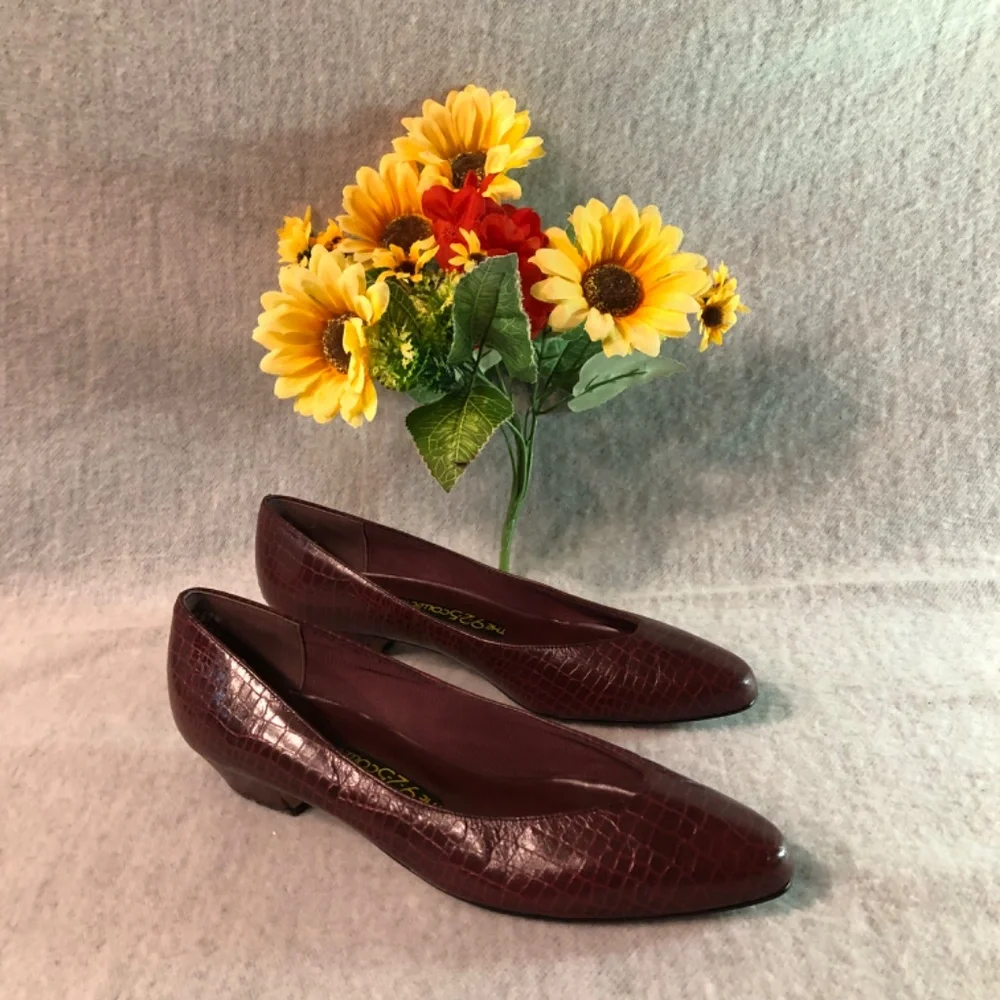 Burgundy ‘Crocodile’ Low-Heel Pumps - Picture 3 of 16